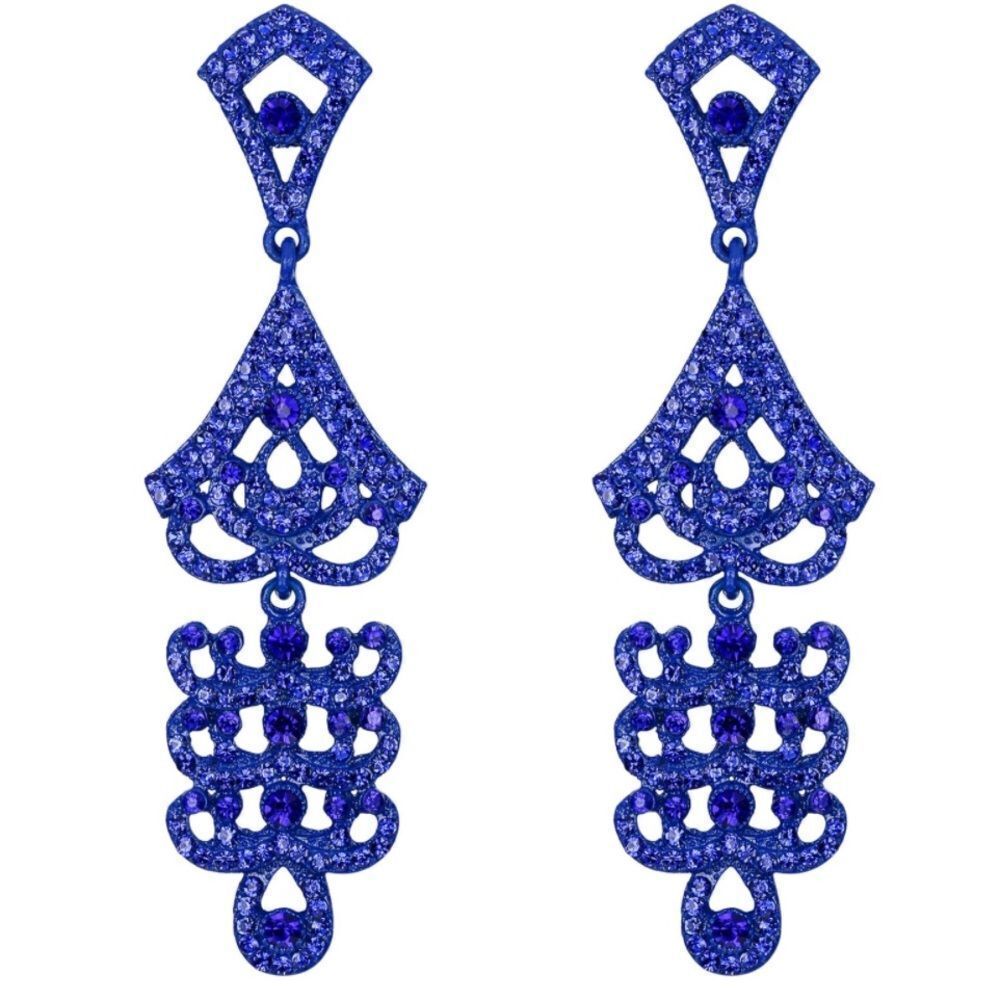 Blue with Sapphire Blue Crystal Chandelier Art Deco Statement Drop Post Earrings